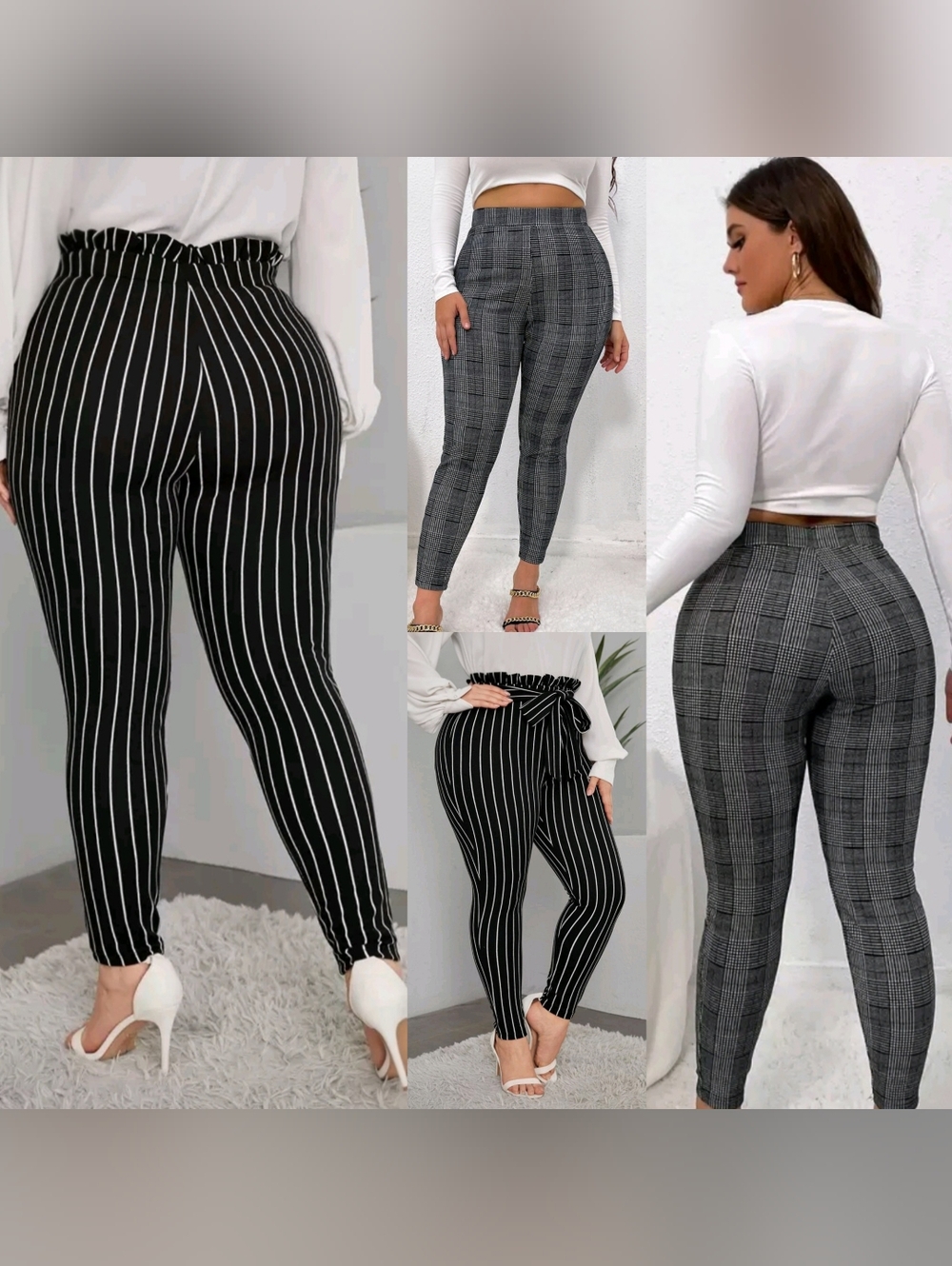 SHEIN Black & Gray Plaid and Pinstripe Slim High Waist Pants Duo